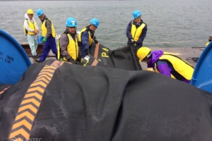 Inflatable rubber boom in water